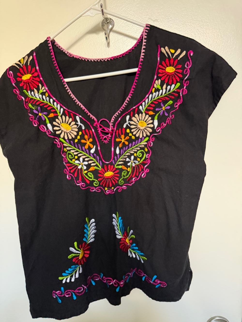 Black Embroidered V-Neck Women’s Top - Bright Floral Detailing